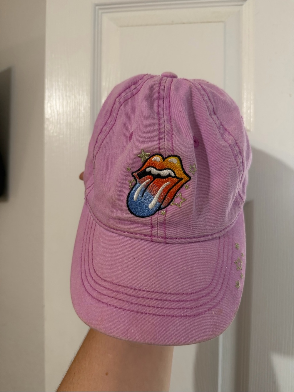 Rolling Stones Pink Gold Embroidered Distressed Baseball Cap Hat OSFM